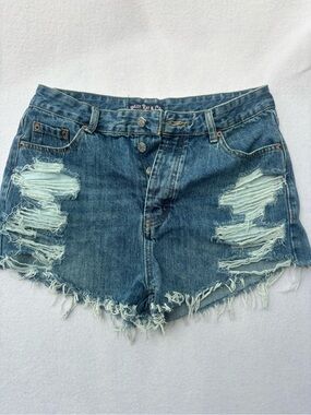 Distressed Mid-Rise Denim Shorts - Blue